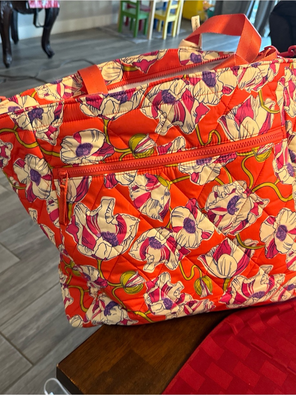 Quilted Floral cooler  Tote Bag in Bright Orange
